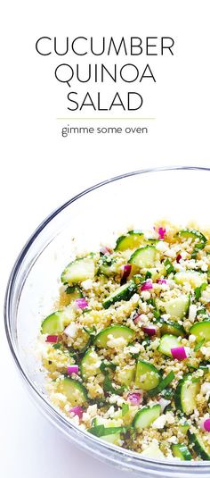 cucumber quinoa salad in a glass bowl on a white background with text overlay