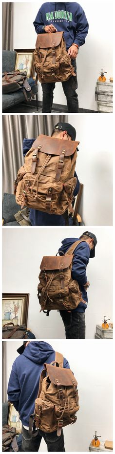 Large Travel Backpack Waxed Canvas Outdoor Backpack Laptop Backpack Hiking Backpack Weekender Backpack Camping Backpack School Backpack Functional Brown Backpack For Hiking, Casual Brown Backpack For Hiking, Brown Backpack With Adjustable Strap For Outdoor Activities, Brown Backpack With Adjustable Strap For Outdoor, Rugged Adventure Bag With Pockets, Casual Large Capacity Backpack For Hiking, Practical Adventure Backpack With Pockets, Khaki Waxed Canvas Backpack For Outdoor, Rugged Brown Backpack For Outdoor