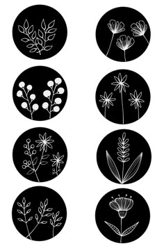 four different types of flowers in black and white on round plates, each with an individual's hand drawn flower design