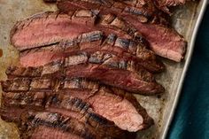 steak sliced up on a baking sheet ready to be cooked in the oven for dinner