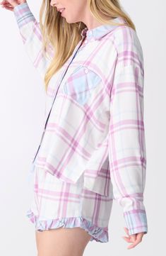 A playful plaid enhances the laid-back allure of this brushed-twill pajama top cut in a relaxed fit. Front button closure Spread collar Long sleeves with two-button cuffs 100% rayon Machine wash, tumble dry Imported Favorite Daughter, Maternity Shops, Designer Clothes For Men, Pajama Top, Modern Outfits, Toddler Girl Outfits, Women's Summer Fashion, Sweater Skirt, Athletic Women