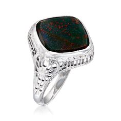 Ross-Simons - C. 1950 Vintage Bloodstone Filigree Ring in 14kt White Gold. Size 5.5. C. 1950. Joining our Estate collection all the way from the Retro era, this sophisticated ring offers a hint of mystique with its fascinating 11x11mm cushion-shaped bloodstone gem. It offers a marbled composition predominantly in earth tones of deep green and red, which stand out against the crisp filigree setting of polished 14kt white gold. 5/8" wide. Bloodstone filigree ring. Exclusive, one-of-a-kind Estate J Estate Style Formal Rings With Gemstones, Vintage Opal Ring Collectible, Vintage Collectible Opal Gemstone Ring, Vintage Opal Ring With Polished Finish For Formal Occasions, Classic Opal Ring With Polished Finish For Formal Occasions, Classic Multi-stone Birthstone Ring, Estate Style Gemstone Rings For Anniversary, Classic Opal Ring Collectible, Vintage Hallmarked Opal Ring For Anniversary