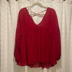 Nwot Never Wore Umgee Long Sleeve Top In Red Size Medium Beautiful Color And Very Open So Good For Spring/ Summer Transition Material Is Cotton/Polyester Blend Chic Flowy Red Blouse, Chic Red Flowy Blouse, Red V-neck Tops For Brunch, Red Flowy Tops For Fall, Flowy Red Tops For Fall, Red Flowy V-neck Blouse, Red V-neck Top For Brunch, Sequin Poncho, Summer Transition