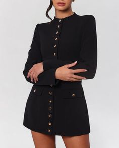 Black long sleeve gold button down blazer mini dress Lawyer Fashion Women, Heiress Beverly Hills, Luxury Clothing Brands, Hollywood Event, Lawyer Fashion, Blazer Mini Dress, Christmas Dresses, Power Dressing, Dresses Xxl