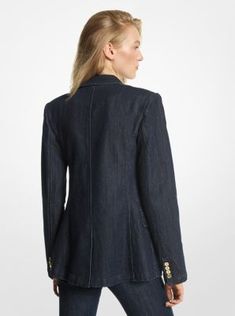 Inject a relaxed element into your work wardrobe with this stretch denim blazer. Rendered in a modern dark-wash denim, it features notched labels and polished buttons that pay homage to more traditional styles. Finished with front pockets, it’s a practical yet polished take on a tailored jacket. Notch Lapel Denim Jacket For Workwear, Denim Blazer For Formal Occasions In Fall, Denim Blazer For Formal Fall Occasions, Formal Denim Blazer For Fall, Elegant Denim Blazer For Work, Classic Fitted Denim Jacket For Workwear, Classic Dark Wash Blazer For Work, Classic Tailored Denim Jacket For Work, Tailored Denim Outerwear For Formal Occasions