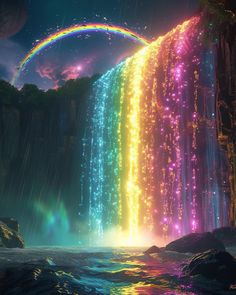 a waterfall with rainbows and stars in the sky