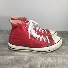 Up For Sale Is A Good Condition Pair Of Vintage Converse Chucks All Star Red Canvas High Top Men's Shoes Sneakers Kicks. Made In Usa. Size Marked On Bottom Outsole Is "9.5". Canvas Lined. Brown Rubber Soles. From Smoke-Free Home. Clean Inside And Out. Soles Were Curled Over But Not Stress Tested Or Worn. Can’t Guarantee The Longevity Of These Sneakers. Please Keep In Mind These Shoes Are 50 Years Old. These Are Collector Pieces And Probably Won’t Stand Up To Everyday Wearing. Approximate Outside Dimensions: 12 Inches Heel To Toe By 4.25 Inches Across The Ball Of Footwear. University Red Sneakers With Gum Sole, Classic High-top Sneakers With Red Sole, Red Low-top Sneakers With Gum Sole, Vintage Custom Sneakers With Boost Midsole, Retro Low-top University Red Sneakers, Retro Mid-top Sneakers With Red Sole, Retro University Red Low-top Sneakers, Retro Custom Sneakers With Red Sole And Round Toe, Vintage Custom Sneakers With Round Toe For Sports