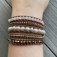 5-Wrap Mixed Stone Leather Bracelet. Unique Stackable Statement Bracelet. Pretty With Any Outfit! Can Be Casual Or Dressy. Like New Condition: Never Worn. Comfortable Fit And Easy Toggle Closure That Can Be Adjusted To Fit Any Wrist Size! Beaded Wrap Bracelet As Gift, Adjustable Hand Wrapped Bracelets, Bohemian Style Stackable Wrap Bracelet, Bohemian Pink Beaded Pearl Bracelet, Adjustable Faceted Beads Pearl Bracelet, Adjustable Pink Beaded Wrap Bracelet, Adjustable Hand Wrapped Pink Crystal Bracelet, Adjustable Pink Hand Wrapped Crystal Bracelet, Adjustable Pink Crystal Hand Wrapped Bracelet