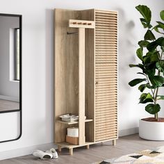 a tall wooden cabinet next to a potted plant in a white room with a mirror on the wall