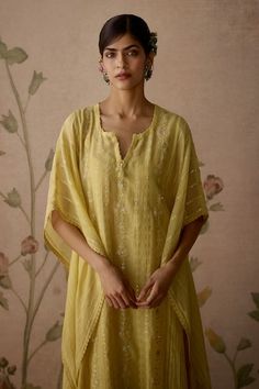 Lemon yellow kaftan with thread, sequin and floral embroidery. Comes with cotton pant with lace detailing and a slip. - Aza Fashions Yellow Chikankari Embroidery Kaftan, Yellow Sharara With Chikankari Embroidery For Spring, Yellow Cotton Sets With Mirror Work, Festive Yellow Tunic Kurta, Yellow Kaftan, Luxury Sale, Set Women, Lemon Yellow, Modern Bride