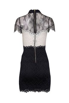 Add a touch of charm to your wardrobe with Sandro's lovely lace dress. This elegant piece features a sophisticated two-tone design with romantic scalloped details. The peter pan collar and dainty bow add a playful touch, while the fitted silhouette and semi-sheer neckline add a sultry touch. Complete the look with black and white slingback heels. Size XS (FR 34) Main 72% Nylon, 17% Polyester, 11% Elastane Ribbon 100% Polyamide Lining 100% Polyester Exposed back zip closure Short sleeves Semi-sheer lace sleeves and neckline Peter pan collar w/ ribbon tie Scalloped details Bust 30" Waist 24" Shoulder to hem 34" Fitted Lace Dress With Scalloped Edges For Party, Evening Fitted Lace Dress With Scalloped Edges, Fitted Lace Dress With Scalloped Edges For Evening, Lace Dress With Contrast Lace For Night Out, Lace Dresses With Contrast Lace For Night Out, Elegant Lace Dresses With Contrast Lace, Elegant Lace Dresses With Contrast Detail, Knee-length Lace Dresses With Contrast Lace, Elegant Knee-length Dress With Contrast Lace