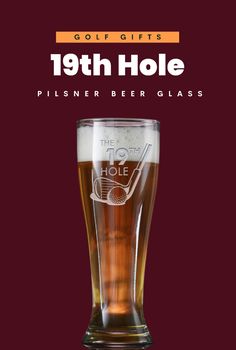 the golf gifts 19th hole pilsner beer glass is shown in front of a red background