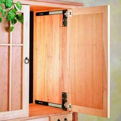 a wooden cabinet with two doors open and a plant growing out of the bottom drawer