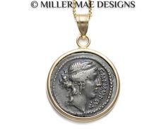 The perfect gift for health professionals or for a loved one, this delicate charm necklace features a genuine Roman Ceres coin from 56 B.C. set with a 14k gold pronged setting.  Ceres: the Roman goddess of motherhood and agriculture.  She is one of the Dii Consentes (Roman equivalent to the Twelve Olympians) and was said to be the Roman counterpart to Demeter; the Greek goddess of Spring. * Extremely Fine Ceres Denarius Coin - Roma (Rome, Italy) mint  * Front: C*MEMMI*C*F; Bust of Ceres Wearing Wheat Wreath & Earring * Back: C*MEMMIVS / IMPERATOR; Trophy of Arms, Centered * Pendant Drop: 30.75mm/1.21 inches * Pendant Width: 20.96mm/0.83 inches * 14k Gold Wheat Chain 1mm Thickness; Adjustable to either 16-18 inches or 18-20 inches ** PLEASE NOTE: This is the exact coin you will receive! As Goddess Of Motherhood, Twelve Olympians, Antique Coin Necklace, Goddess Of Spring, Ancient Roman Coins, Roman Goddess, Antique Coins, Roman Coins, Ancient Coins