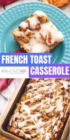 french toast casserole with white icing on a blue plate next to the casserole