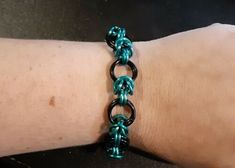 Black & Aqua Half Byzantine Chainmail Metal Statement Bracelet Chainmaille Tutorial, Chainmaille Bracelet, Chain Maille Jewelry, Solitaire Earrings, Quartz Crystal Necklace, Chain Mail, Anodized Aluminum, Wire Bracelet, Statement Bracelet