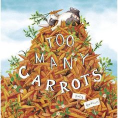 a children's book with an image of two birds sitting on top of carrots