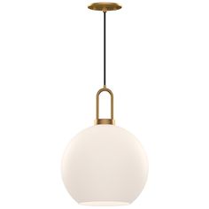 a white light hanging from a brass colored ceiling fixture with an oval glass shade on the bottom