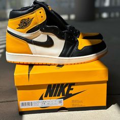 Step Up Your Sneaker Game With The Jordan 1 High Og Taxi A Standout Release That Captures The Essence Of Classic Jordan Design With A Bold Twist. Featuring A Vibrant Combination Of Black, White, And Eye-Catching Taxi Yellow, These Sneakers Are The Perfect Blend Of Heritage And Modern Street Style. The Premium Leather Upper, Coupled With The Unmistakable Og High Silhouette, Ensures That These Kicks Are As Stylish As They Are Comfortable. Whether You’re A Die-Hard Jordan Fan Or A Casual Collector, Jordan Design, Jordan Wings, Rare Shoes, Modern Street Style, Yellow Taxi, Nike Fashion Shoes, Jordan 1 High Og, Cute Nike Shoes, Wings Logo