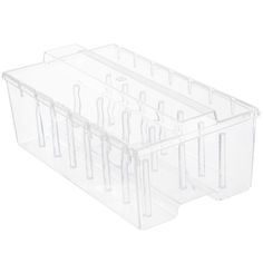 clear plastic storage bins with handles and dividers for sewing needles, scissors and other crafting supplies