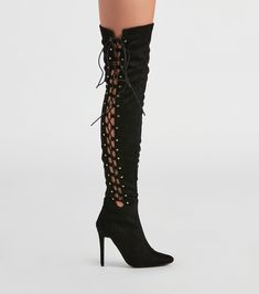 Steal the scene in these sassy over-the-knee boots featuring a trendy pointed-toe. stiletto heel. side bungee lace-up sides. and inner zipper closure. composed of smooth faux suede material. Complete the look in a short dress for a night on the town!Fit & Features Pointed-toe Stiletto heel Side bungee lace-ups Inner zipper closure Over-the-knee shaft length Faux suede material Runs true to size My Scene, Ribbed Mini Dress, Suede Material, Silver Dress, The Scene, Stiletto Heel, Over The Knee Boots, Over The Knee, Short Dress