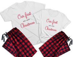 two matching christmas pajamas with the words our first christmas and last christmas printed on them