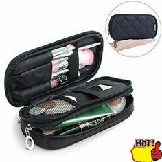 Portable Women Travel Makeup Cosmetic Bag Organizer Brush Holder Storage Cases Description Feature: 1.High quality nylon: These cosmetic bags are lightweight, durable, waterproof and made of soft materials. 2.Matching compartments: Each cosmetic bag has two main compartments for nail clippers, tweezers, eyebrow pencils, brushes or other cosmetics. 3.Waterproof: This travel cosmetic bag nylon is very easy to clean if it is dripping or splashing on the bag. 4.Easy to clean: 2 side pockets with zipper and another hook for hanging. Don't fade. 5.Suitable for all occasions: suitable for organizing toiletries in the gym, travel, outdoor, weekend, business trip or private vacation   Specifications: Model: Small cosmetic bag. Material: high quality nylon. Size: 10 x 18 x 5 cm. Weight: about 120 gr Mini Makeup Pouch, Travel Makeup Kit, Pencil Case Pouch, Makeup Brush Bag, Professional Bag, Mini Pouch, Mini Makeup, Small Makeup, Travel Kit