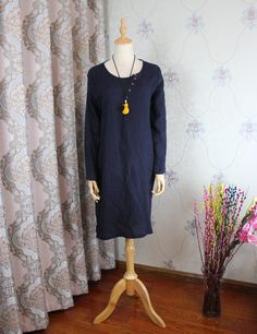 "【Fabric】 linen 【Color】 dark blue 【Size】 Shoulder width 43cm / 17\" Sleeve length 56cm/ 22\" Big arm circumference 33cm/ 13\" Bust 110cm / 43\" Length 95-100cm / 37-39\" Have any questions please contact me and I will be happy to help you." Blue Linen Long Sleeve Midi Dress, Blue Long Sleeve Linen Midi Dress, Ramie Long Sleeve Lagenlook Dress, Long Linen Dresses For Fall, Blue Linen Long Sleeve Dress, Blue Long Sleeve Linen Dress, Womens Linen Dress, Slim Pants Women, Blue Asymmetrical Dress