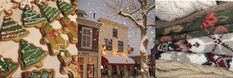 christmas sweaters are stacked on top of each other in front of a storefront