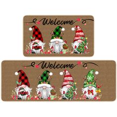 two welcome mat with gnomes and christmas trees