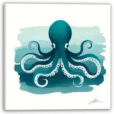 an octopus in blue watercolor on white paper