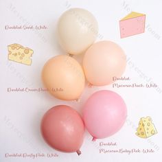 three balloons are shown on a sheet of paper with cheeses and other items around them