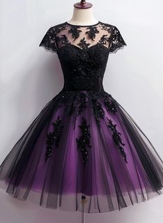 Cute Black And Purple Tulle Short Sleeves Party Dress, Tulle Short Hom – classygown Prom Dress Medium Length, Purple Tulle Dress For Banquet, Black Tulle Dress With Illusion Neckline, Fitted Tulle Dress With Illusion Neckline, Black Short Sleeve Mini Dress For Wedding, Purple Short Sleeve Evening Dress For Party, Fitted Tulle Dress With Short Sleeves, Black Prom Dress With Illusion Neckline, Black Short Sleeve Dress With Illusion Neckline