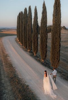 a bride and groom walking down a dirt road in front of row of tall trees