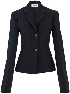 black wool blend notched lapels front button fastening split long sleeves buttoned cuffs fitted waistline straight hem Sleek Long Sleeve Blazer Dress For Semi-formal Occasions, Classic Fitted Structured Blazer Dress, Fitted Classic Structured Blazer Dress, Classic Single-breasted Long Sleeve Blazer Dress, Classic Fitted Blazer Dress, Classic Long Sleeve Single Breasted Blazer Dress, Long Sleeve Classic Blazer Dress For Office, Suits With Concealed Placket And Long Sleeves, Fitted Structured Blazer For Office