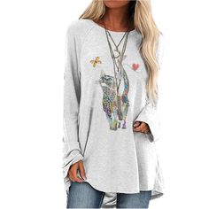 Women's T-Shirt Cute Colorful Cat Print Crew Neck Long Sleeve Top Multicolor Cartoon Print Tops For Fall, Multicolor Tops With Funny Print For Spring, Casual Long Sleeve Cartoon Print T-shirt, Trendy Cartoon Print Tops For Fall, Multicolor Long Sleeve Top With Cartoon Print, Casual Gray Tops With Cartoon Print, Casual Gray Cartoon Print Top, Multicolor Cat Print Tops For Summer, Summer Multicolor Cat Print Tops