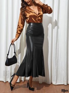 Bjux - Premium Quality Faux Leather Mermaid Hem Skirt: A Sleek and Sophisticated Addition to Womens Spring and Fall Wardrobe Glamorous Fitted Skirt For Fall, Elegant Non-stretch Party Skirt, Elegant Faux Leather Lined Skirt, Elegant Non-stretch Skirt For Night Out, Chic Non-stretch Skirt For Night Out, Elegant Faux Leather Skirt For Fall, Elegant Evening Faux Leather Skirt, Elegant Formal Faux Leather Skirt, Elegant Faux Leather Bottoms