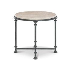 an iron and marble side table with two legs, one on the top is round