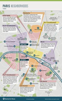 the paris neighborhood map is shown in blue and green, with several different areas to choose from