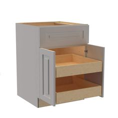 an open cabinet with two drawers on the bottom and one drawer in the middle, against a white background