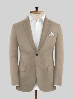 Revive decades of standout looks with our Scabal Boston Khaki Wool Jacket. Crafted from pure wool, the jacket's khaki color is highly versatile and can make a surprisingly stylish alternative to traditional jackets. It creates a flawless ensemble for special events and formal occasions. Simply team it up with a matching waistcoat and trousers, a white formal shirt, maroon tie, and polished black shoes to complete the look.  Look Includes  Scabal Boston Khaki Wool Fabric  Two Button Jacket Style  Notch Lapel  Real Horn Brown Buttons  Single Vent  Three Cuff Buttons   You can change the look during customization if required.  Lining: 100% Viscose, Dry Clean. Fitted Beige Tweed Jacket With Long Sleeves, Beige Notch Lapel Tweed Jacket For Business, Fitted Beige Wool Coat For Business, Beige Long Sleeve Tweed Jacket For Semi-formal Occasions, Classic Beige Tweed Jacket For Business Casual, Elegant Single Breasted Khaki Outerwear, Classic Beige Blazer For Semi-formal Occasions, Elegant Single-breasted Khaki Outerwear, Classic Beige Semi-formal Blazer