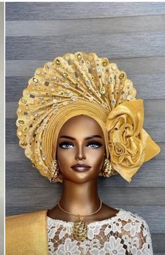 It's pre-tied so you don't have to worry about how to wear it.  It's made from Aso Oke (Fabric from the Western part of Nigeria). It has a Velcro incase you need to adjust it. Made with Swarovski stones (color gold or silver). It's made to fit all head size & shape. It's suitable for all African Events. Cap is also available if you want it. Available in colors.  Note:  As seen in picture is exact the color while customize can be made in different color and style according to customers preference.  Please add your preferred color under message from buyer to seller at checkout for customize orders. All customs or personalized sale items are final sale and are not eligible for return, refund or exchange.  Thanks 😊 Summer Wedding Headwrap, Elegant Yellow Wedding Turban, Yellow Fitted Headwrap For Party, Elegant Yellow Party Headwrap, Fitted Yellow Headwrap For Parties, Elegant Yellow Turban For Party, Aso Oke Headband Styles, Hausa Ankara Gele, Blue Aso Oke