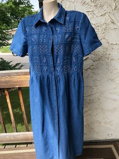 "Vintage Image Full Length Denim Dress 100% Cotton Collected Button up Tie back Gathering at the waist Embroidered top Plus size Size 18W Measurements taken while laying flat Neck 6\" Pit to Pit 23\" Waist 22\" Sleeves from pit to edge 2\" Length from shoulder to bottom 48\" Purchase price includes free shipping in Canada and the USA International shipping is available, please contact before purchase for shipping quote Any questions, just ask! Vintage item, regular wear due to age should be expected Any known flaws/ markings willl be listed No returns/ exchanges, but please contact if there is an issue with your item" Fitted Embroidered Denim Dress, Casual Embroidered Button-up Dress, Casual Embroidered Fitted Denim Dress, Casual Fitted Embroidered Denim Dress, Olive Green Blouse, Image Vintage, Images Vintage, Top Plus Size, Beauty Clothes