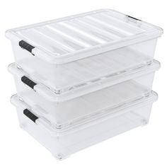 three clear storage boxes with black handles