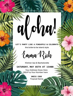 a tropical birthday party with palm leaves and flowers