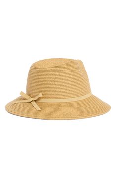 A contrast ribbon and a bow adds charming detail to a woven fedora hat that offers a polished appearance and essential sun protection. Paper/polyester Imported Classic Spring Hat With Bow, Chic Straw Sun Hat With Bow, Elegant Fedora Sun Hat With Bow, Chic Boater Hat With Ribbon For Beach, Spring Hats With Bow And Curved Brim, Brimmed Boater Hat With Ribbon For Vacation, Vacation Brimmed Boater Hat With Ribbon, Chic Fedora With Upf 50+, Wide Brim Hat With Bow For Spring