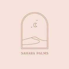 the sahara palms logo is shown on a pink background with an oval window and desert landscape