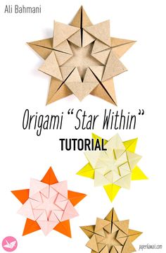 an origami star with four different colors and sizes on the bottom, one is orange