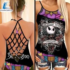 Jack Skellington Sally Pattern Criss-Cross Tank Top – the perfect addition to any summer wardrobe. This top is made from a soft and lightweight material that feels comfortable against the skin. The criss cross design on the back adds a stylish touch to this classic tank top. The open back allows for breathability and freedom of movement, making it perfect for outdoor activities and workouts. The tank top is available in a variety of colors and sizes to suit your personal style and fit pref Trendy Summer Tops With Crisscross Shape, Trendy Summer Top With Crisscross Neckline, Stretch Cross-tied Tops For Beach, Strappy Stretch Cross-tied Tops, Trendy Summer Crisscross Top, Trendy Crisscross Summer Tops, Trendy Sleeveless Cross-tied Tops, Casual Cross-tied Top For Summer, Casual Cross-tied Tops For The Beach