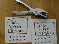 there are two pieces of paper with scissors on it and the words train ticket 10 rides written on them